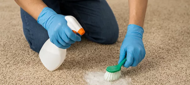 "Person rengör matta med rengöringsmedel och borste för att ta bort fläckar och lukt av djururin – effektiv sanering mot envisa urinfläckar och dålig lukt i hemmet"